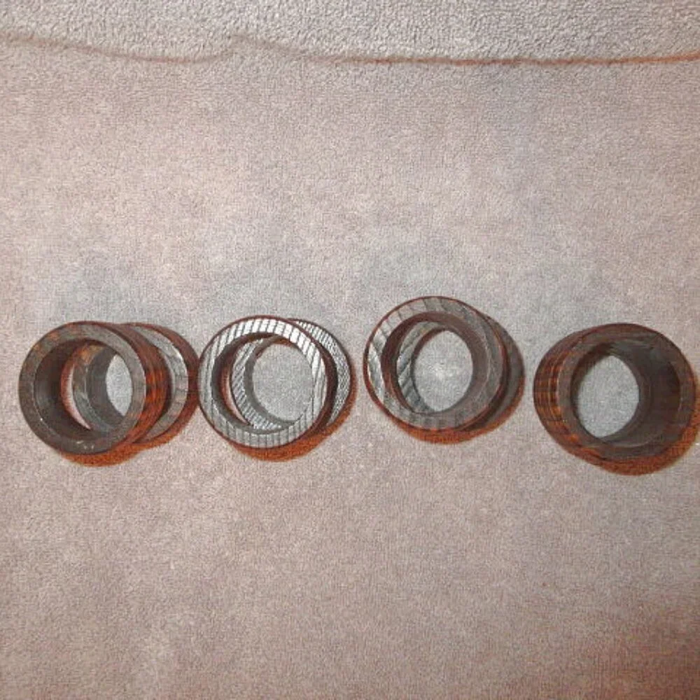 Vtg Carved Wood Napkin Rings 8 Piece Grooved Ribbed Fancy Holders Boho 70s MCM